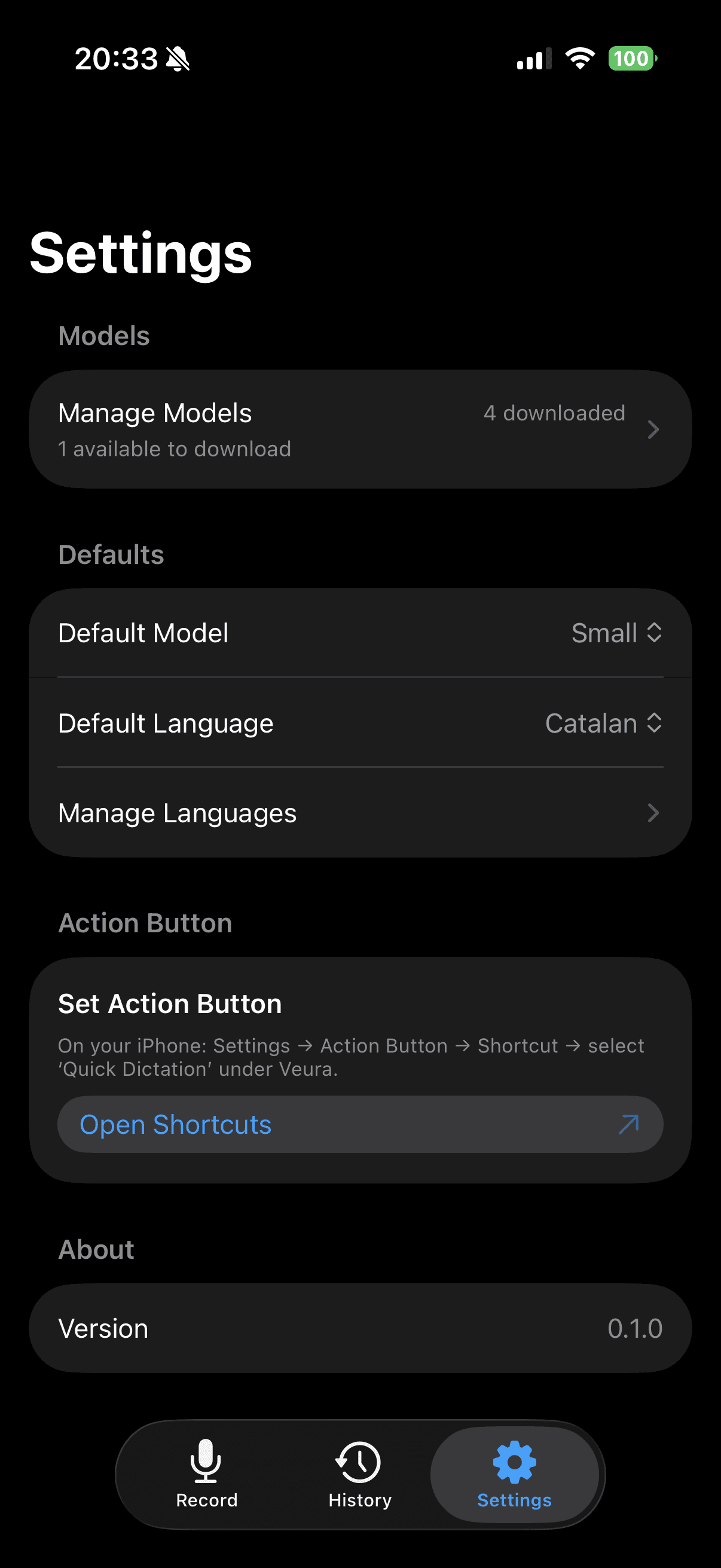 Veura history screen